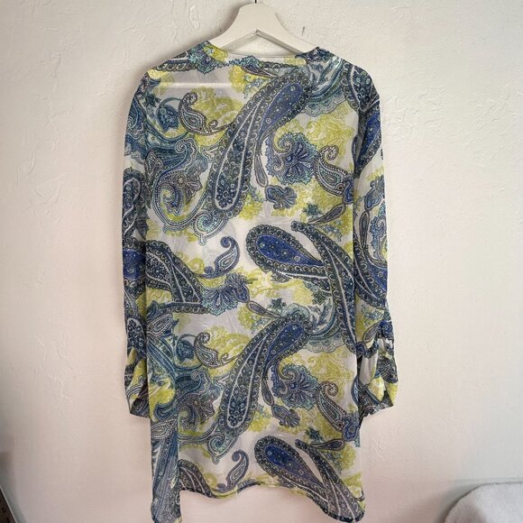 Chico's Womens Long Sleeve V-Neck Paisley Tunic Top Size 3 Blue/Yellow Chiffon - Picture 2 of 8